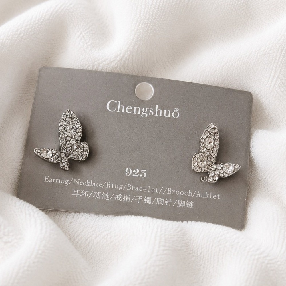 Butterfly Stud Earrings Silver Tone Clear Rhinestone Crystal 925 Post Sparkly